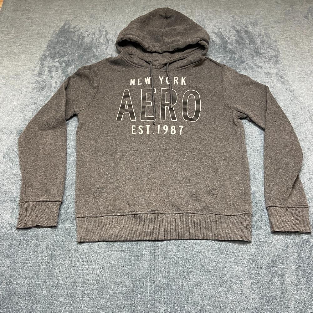 Aeropostale New York Aero Hoodie Mens Medium Gray Fleece Lined Spell Out Casual